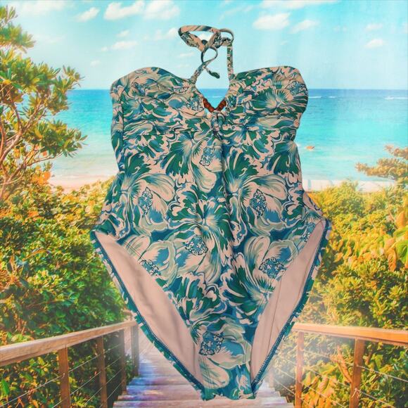 Time & Tru Green & Blue Floral Halter One-Piece Swimsuit - Picture 1 of 4